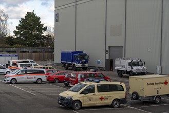 Construction of a vaccination centre for corona vaccinations, in a hall at Messe Essen, by the