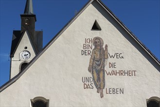 Schwarzenberg, Bregenz district, Bregenzerwald, parish church, tower clock, Jesus mosaic, Bible