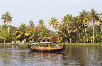 Traditional shikara boat on a canal in the canal system of the backwaters, Kerala, India, Asia