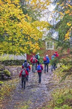 Group of men with an active lifestyle hiking on a footpath by a red cottage in autumn, Sweden,