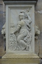 Relief, stone figure, female figure warrior with helmet and shield at the gate portal, lower castle