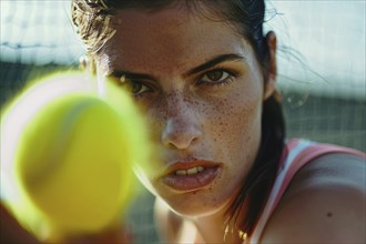 Close up of determined woman playing tennis. Generative Ai, AI generated