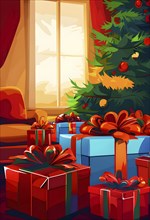 Abstract illustration of wrapped Christmas gifts, shiny ribbons and bows, stacked under a evergreen