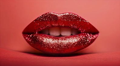 A woman's lips are covered in red glitter. Concept of glamour and sophistication, luscious lips, AI