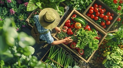 Farmer picking tomatoes from a crate. The scene is set in a garden with a variety of vegetables, AI