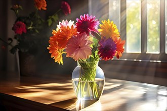 Transparent crystal glass vase with vibrant blooming flowers, AI generated