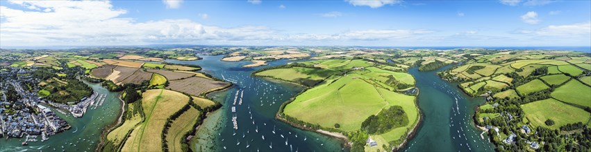 Panorama of Salcombe and Mill Bay over Kingsbridge Estuary from a drone, Batson Creek, Southpool