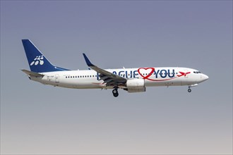 A Boeing 737-800 Smartwings aircraft with the licence plate OK-TVF and the Prague Loves You special