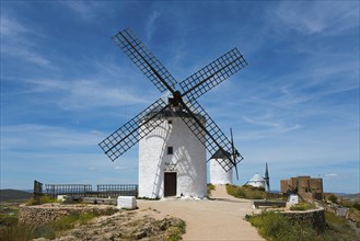 White windmill in front of a blue sky with few clouds, surrounded by nature and historical