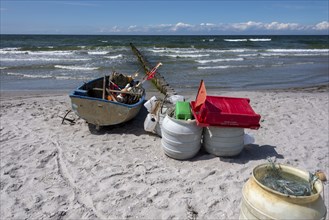 Small fishing boat on the beach of the island of Hiddensee, Vitte, Mecklenburg-Vorpommern, Germany,