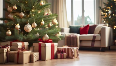 Presents lying under a decorated Christmas tree in a modern living room, AI-generated image, AI