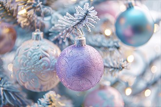 Close up of beautiful iridescent bauble ornaments on branches of white christmas tree. Generative