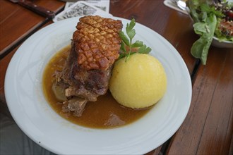 Schäufele with dumpling and salad served in a beer garden, Franconia, Bavaria, Germany, Europe