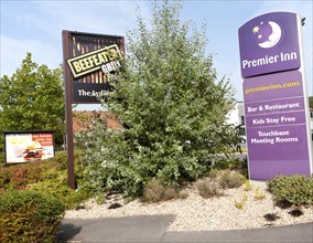 Premier Inn hotel Swindon West budget hotel and grill signs, Lydiard Fields business park, Swindon,