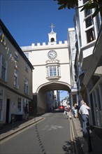 East Gate Tudor arch in the High Street at Totnes, Devon, England, United Kingdom, Europe