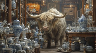 Very large bull with horns in a China shop filled with glassware. generative AI, AI generated