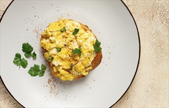 Sandwich, scrambled eggs, breakfast, top view, homemade