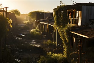 Deserted mining town encroached upon by nature buildings interlaced with creeping vines and trees,