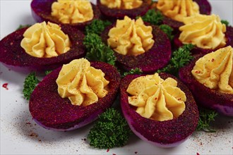 Stuffed eggs, stained with beetroot juice, purple, pitaya powder, top view, top view, close-up, no