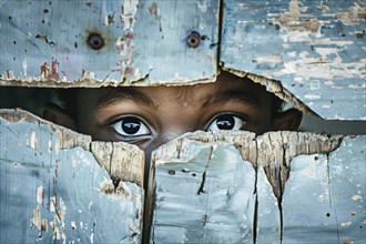 Close up of black child peeking through hole in wooden wall. KI generiert, generiert, AI generated