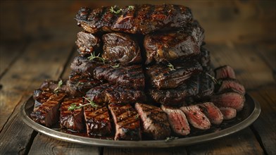 Plate with A stack of several grilled steaks. generative AI, AI generated