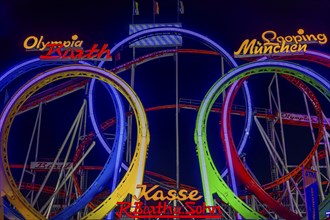 Illuminated Olympia five-loop, roller coaster, night shot, Oktoberfest, Festwiese, Theresienwiese,