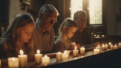 Solemn family prays at the votive candles at church, generatvie AI, AI generated