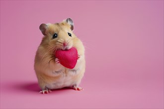 Cute hamster with Valentine eart in front of pink studio background. Generative AI, AI generated