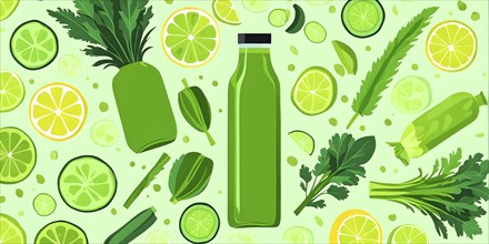 Abstract wallpaper composition with bottle of delicious green detox juice and fruits and