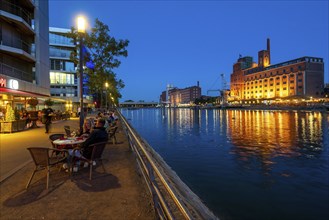 The inner harbour, in Duisburg, building Küppersmühle, and Werhahn-Mühle on the right, gastronomy,