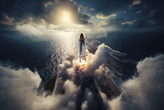 Aerial view of a rocket shuttle carrier launch at sunrise over an ocean coast. The rocket is