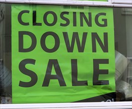 Closing Down sale large shop window poster, England, UK