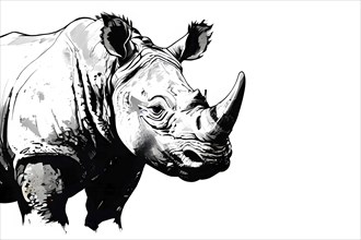 Black and white line art rhino, AI generated