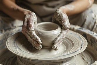 Close up of hands forming white raw clay into pottery. KI generiert, generiert, AI generated