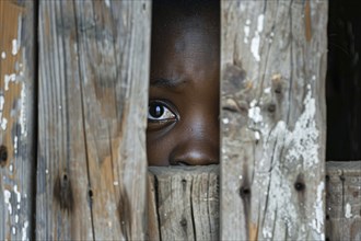 Close up of black child peeking through hole in wooden wall. KI generiert, generiert, AI generated