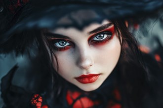 Beautiful young woman with red makeup and black Halloween witch costume with hat. Generative Ai, AI