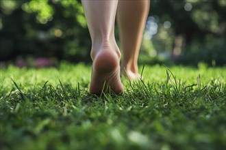 Close up of woman's bare feet walking over grass. Generative Ai, AI generated