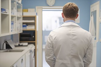 Back view of male doctor wearing lab coat in hospital. Generative Ai, AI generated