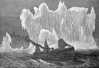 Steamboat on its way to New York encounters a giant iceberg, Historical, digitally restored