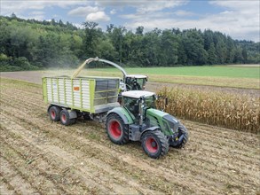 A Fendt 826 tractor with silage transport wagon drives next to a forage harvester to load chopped