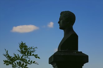 Bust of Wilhelm Hauff at Lichtenstein Castle, monument, stone figure, fairytale castle of