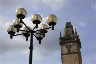 The Gothic tower of the Old Town Hall and lantern on the Old Town Square, Prague, Czech Republic,