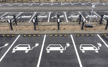 Aerial view of charging stations for electric cars at the Tesla Gigafactory in Grünheide, 28 01