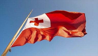 The flag of Tonga, Pacific island state, flutters in the wind, isolated against a blue sky