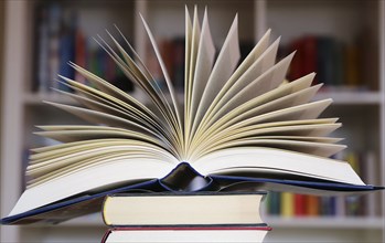 Close-up of an open book, behind it a blurred bookshelf