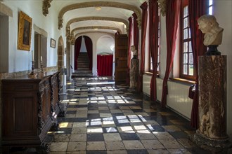 Kasteel van Laarne, interior showing hallway of 14th century medieval moated castle near Ghent,