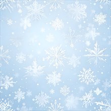 Abstract pattern of snowflakes in varying sizes and shapes in soft white and blue gradients, AI