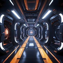 Three dimensional render of futuristic corridor inside a spaceship or space station, AI generated