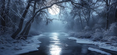 Serene winter night scene of a frozen river winding through a forest in moonlight, AI generated