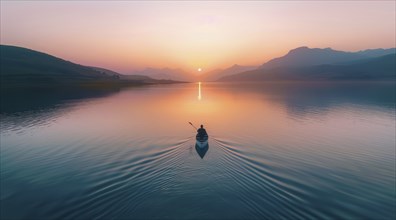 A kayak is in the lake with the sun setting in the background. Serenity and tranquility, AI